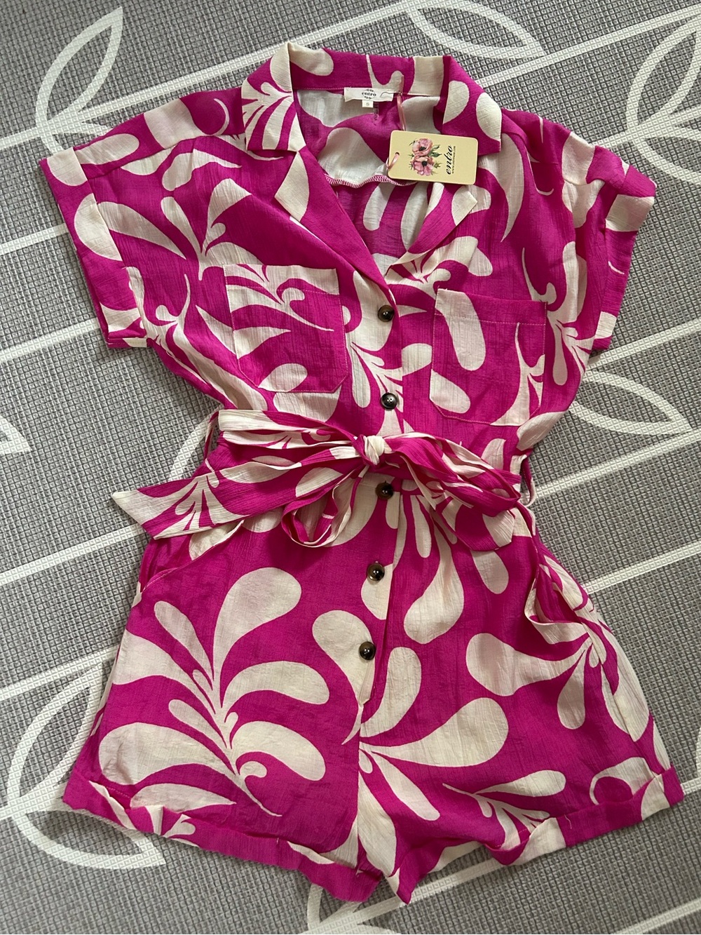 entro Fuchsia and Cream Floral Button Short Sleeve Romper with Tie Belt